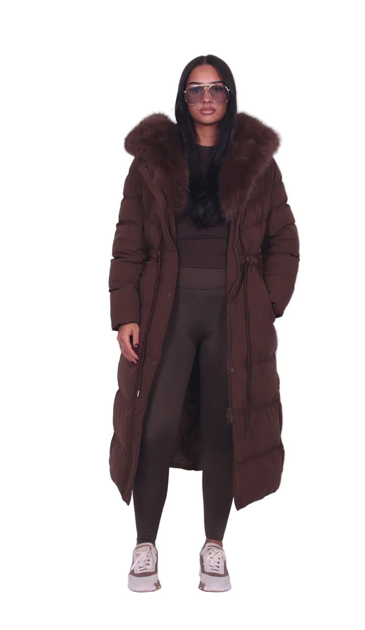 Women’s Long Quilted Puffer Coat with Faux Fur Hood