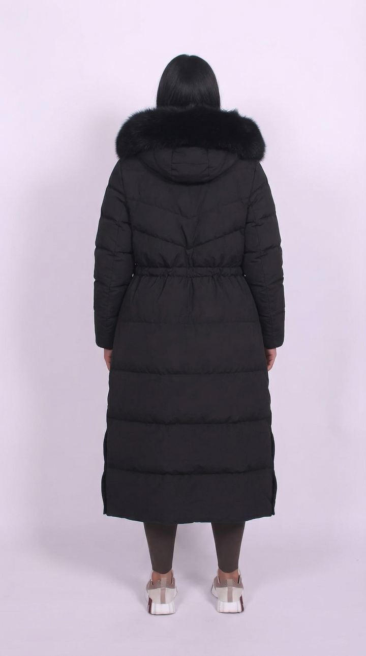 Women’s Long Quilted Puffer Coat with Faux Fur Hood