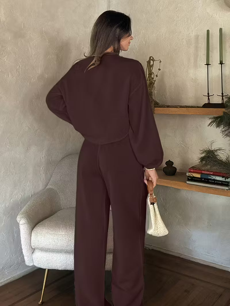 Women’s Long Sleeve Blouse and Wide Leg Trousers Set with Tie Detail