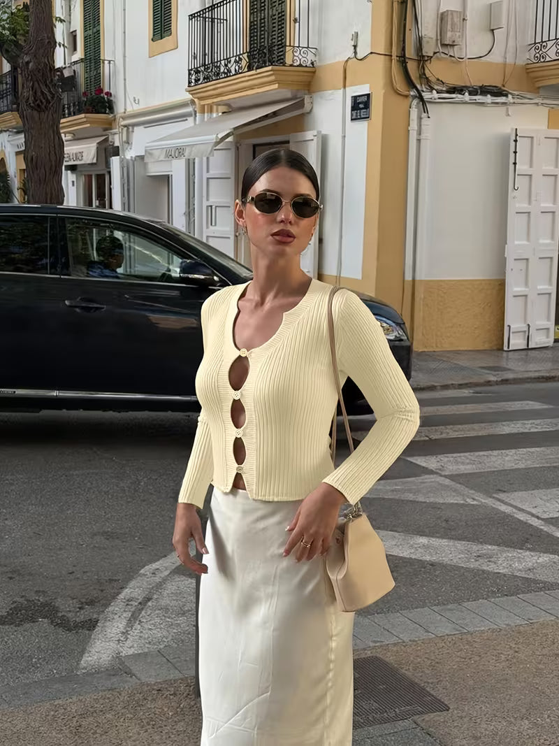 Women’s Long Sleeve Button Front Knit Cardigan with Cut-Out Detail
