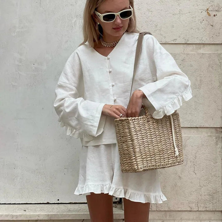 Women’s Long Sleeve Buttoned Top and Ruffle Hem Shorts Set