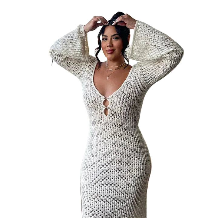 Women’s Long Sleeve Crochet Maxi Dress with V-Neck