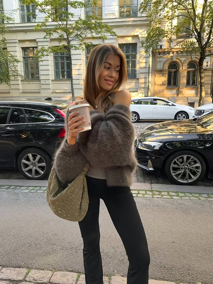 Women’s Long Sleeve Fuzzy Knit Sweater with V-Neck