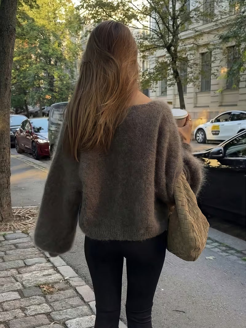 Women’s Long Sleeve Fuzzy Knit Sweater with V-Neck