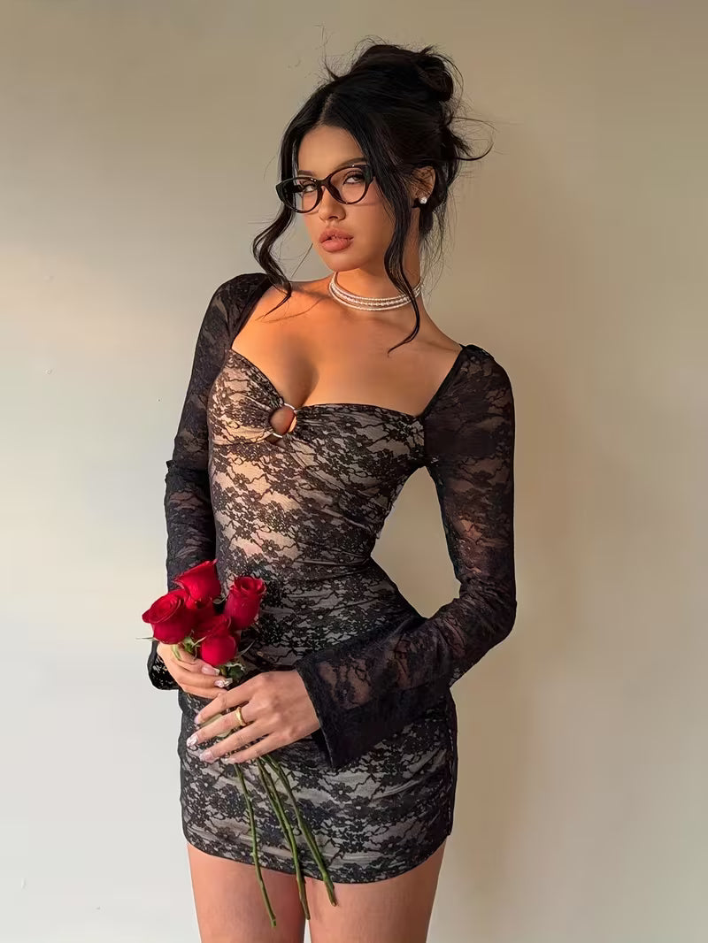 Women’s Long Sleeve Lace Mini Dress with Front Ring Detail