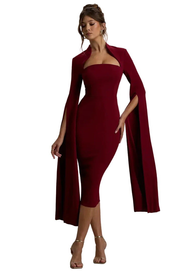 Women’s Long Sleeve Midi Dress with Slit Sleeves