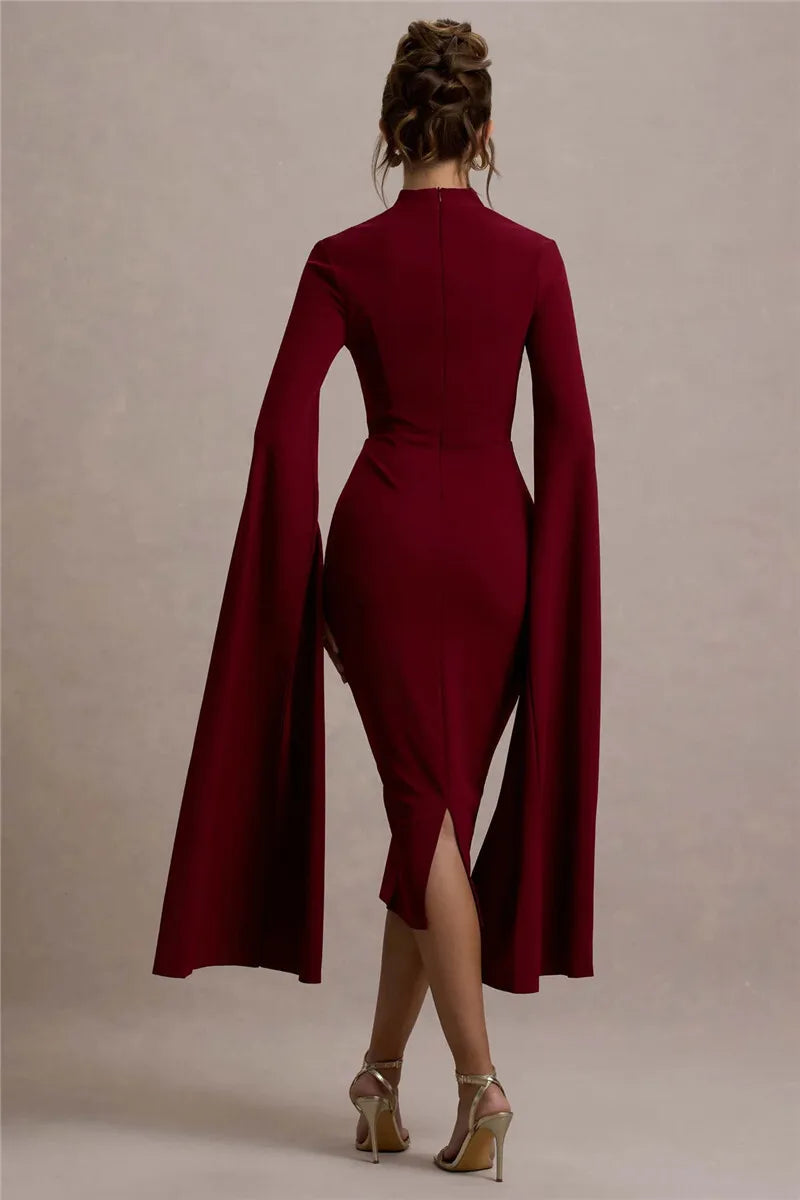 Women’s Long Sleeve Midi Dress with Slit Sleeves