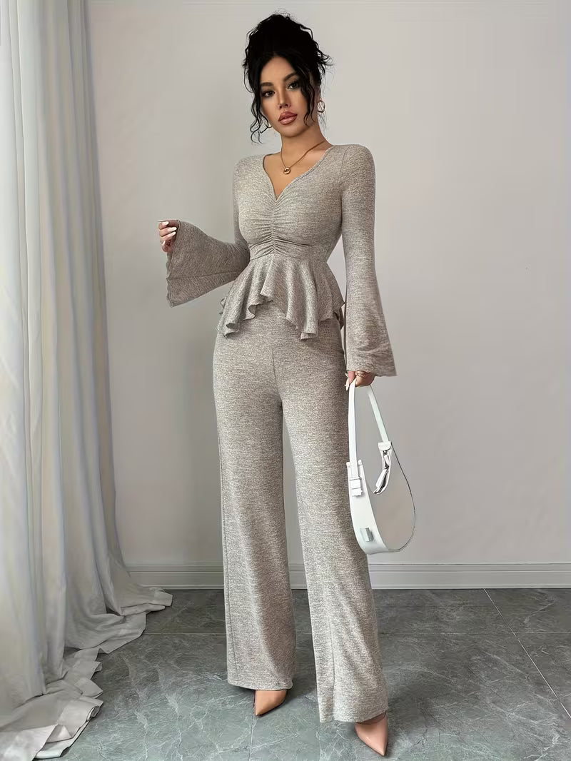 Women’s Long Sleeve Peplum Top and Wide Leg Trousers Set