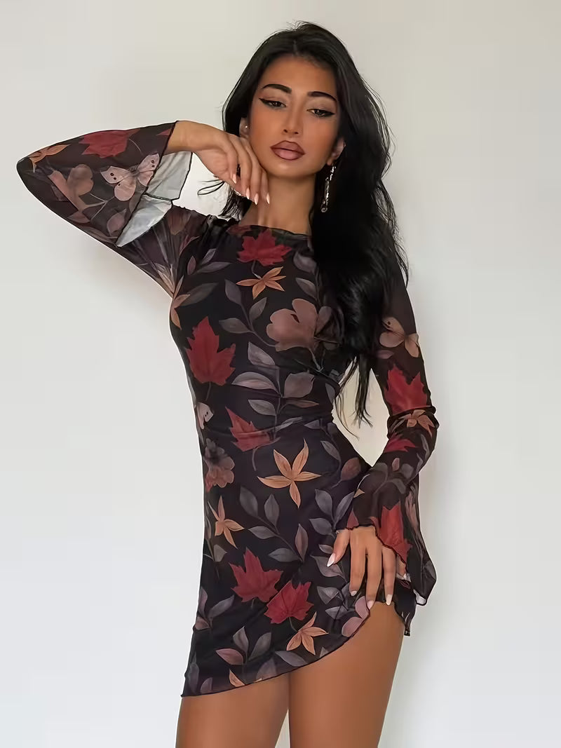 Women’s Long Sleeve Printed Mesh Mini Dress