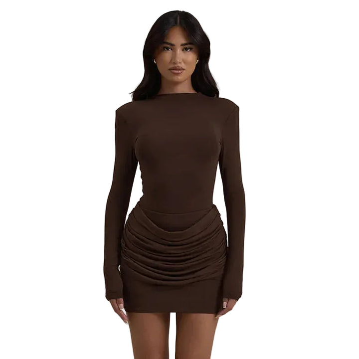Women’s Long Sleeve Ruched Mini Dress with Straight Neckline