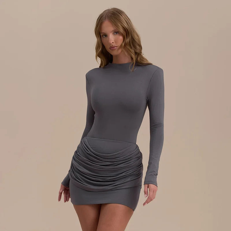 Women’s Long Sleeve Ruched Mini Dress with Straight Neckline
