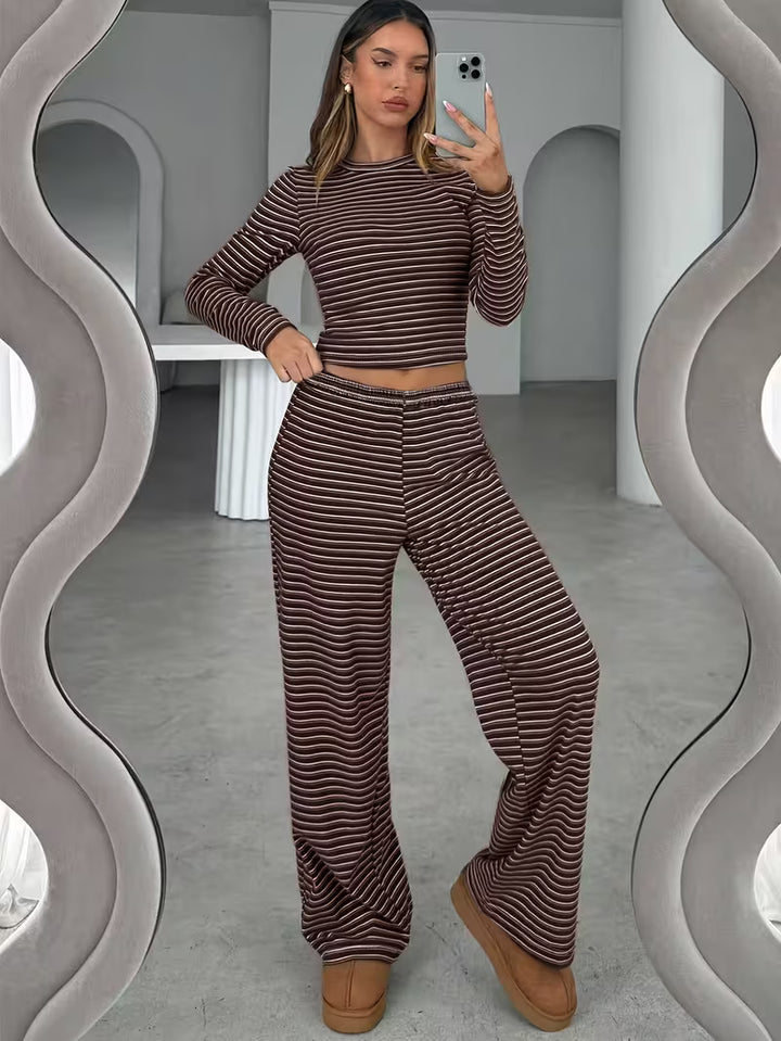 Women’s Long Sleeve Top and Wide Leg Trousers Set with Stripe Pattern