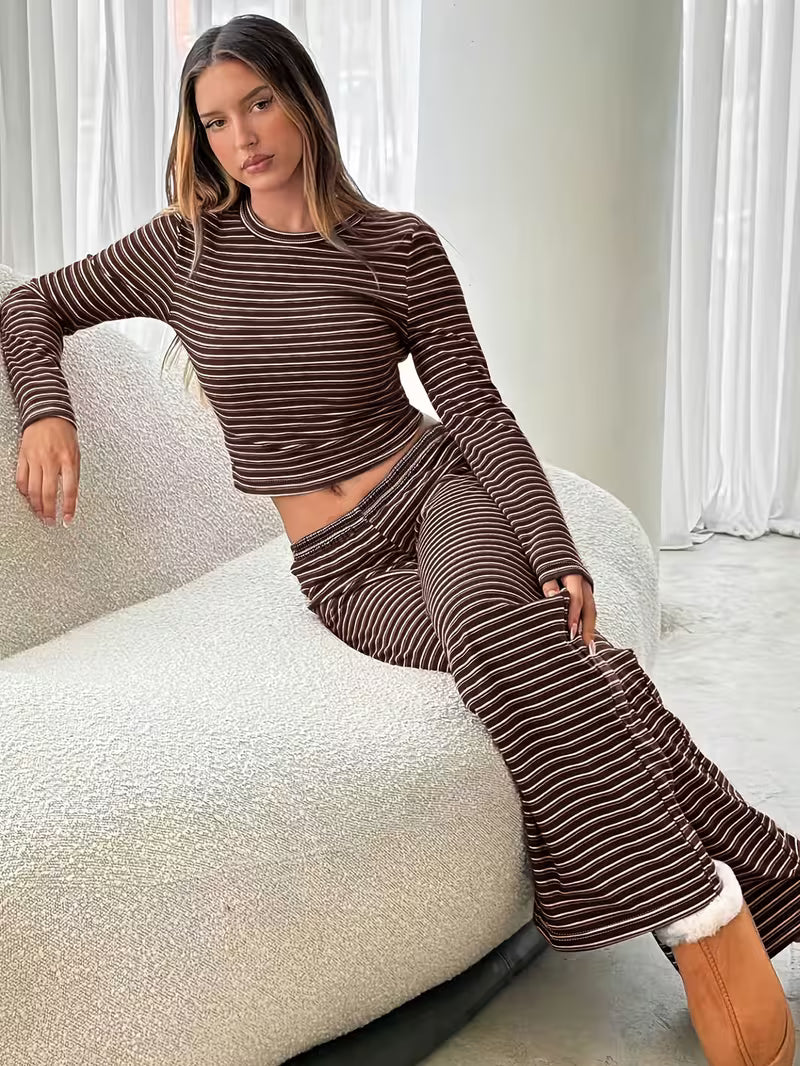 Women’s Long Sleeve Top and Wide Leg Trousers Set with Stripe Pattern