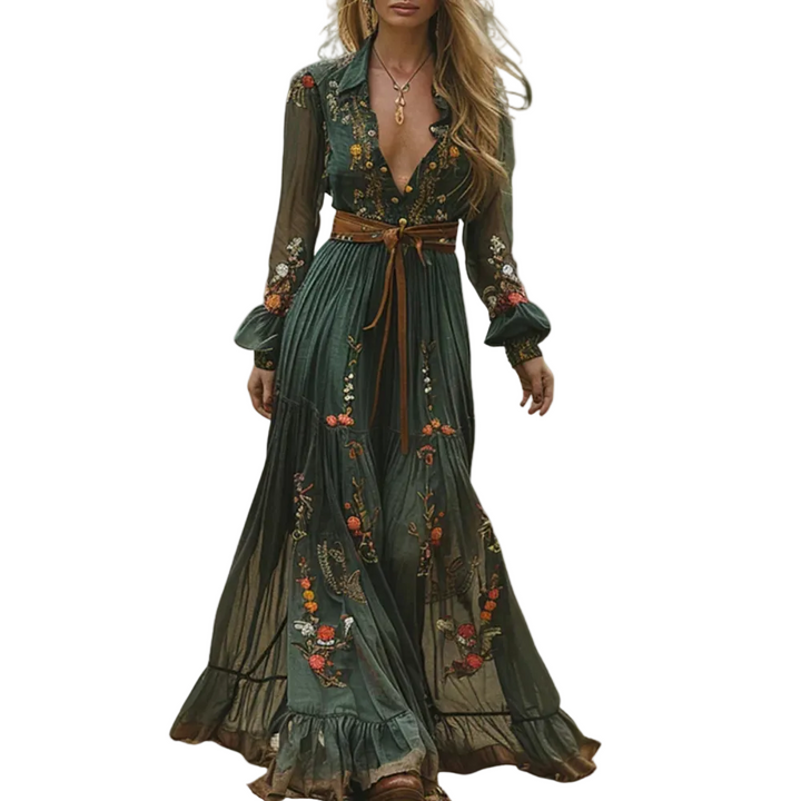 Women’s Long Sleeve V Neck Floral Embroidered Maxi Dress with Waist Belt