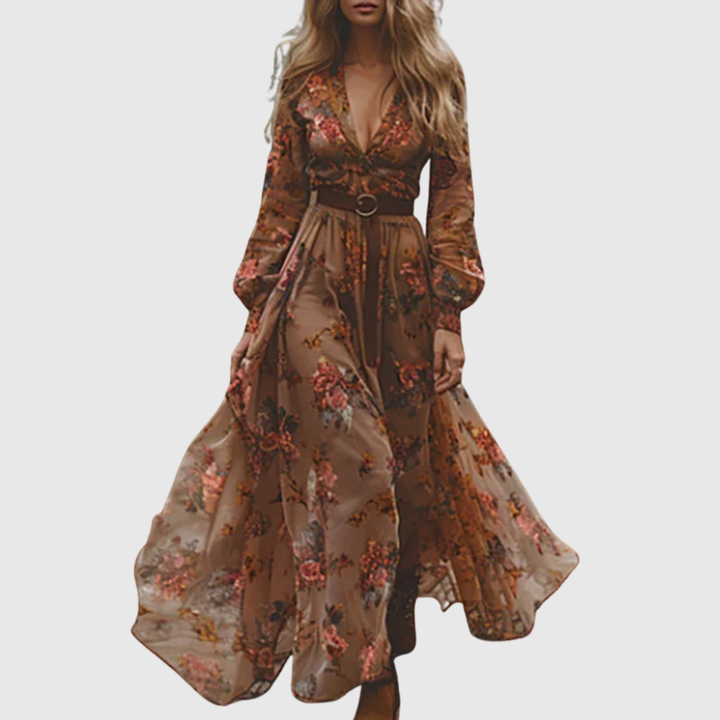 Women’s Long Sleeve V Neck Floral Embroidered Maxi Dress with Waist Belt