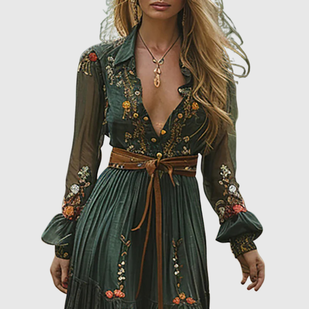 Women’s Long Sleeve V Neck Floral Embroidered Maxi Dress with Waist Belt