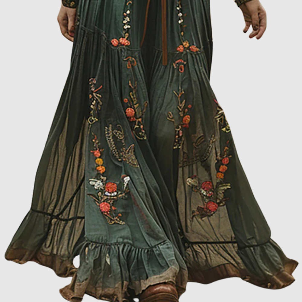 Women’s Long Sleeve V Neck Floral Embroidered Maxi Dress with Waist Belt