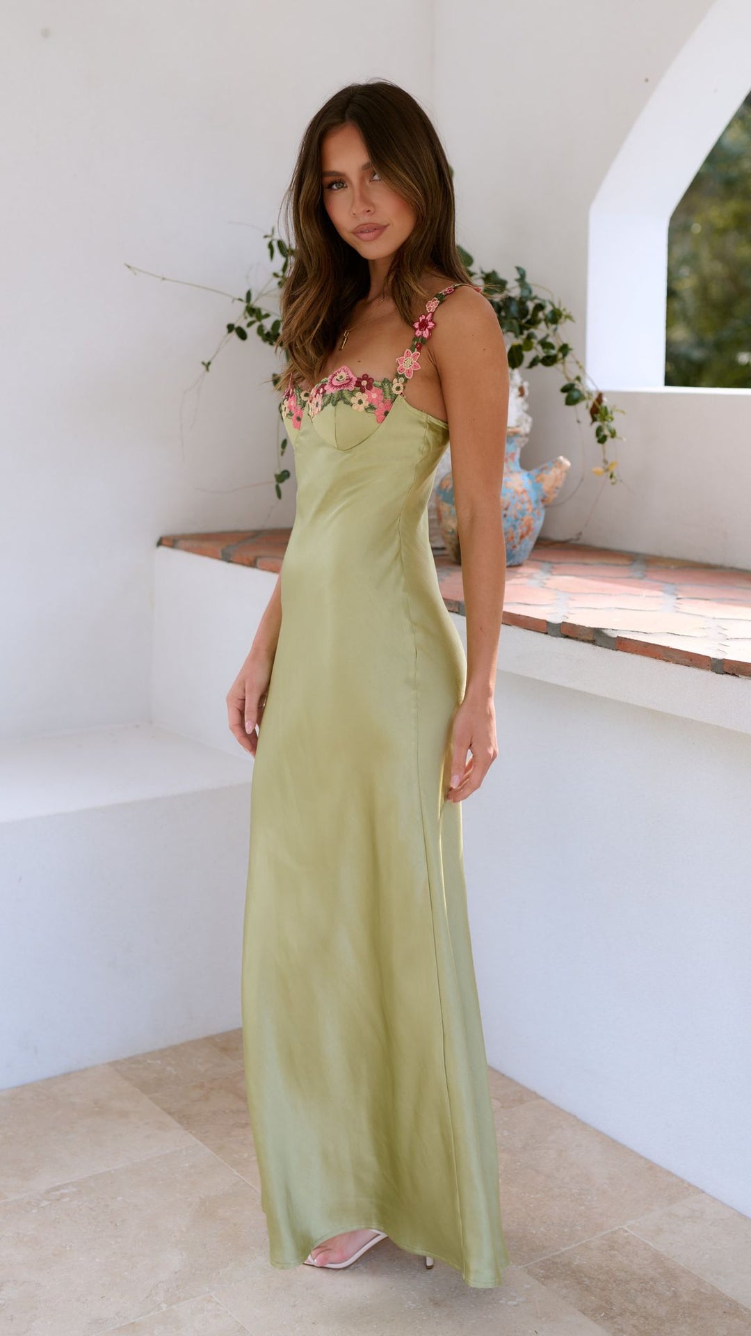 Women’s Maxi Dress with Floral Strap Detail and Straight Neckline