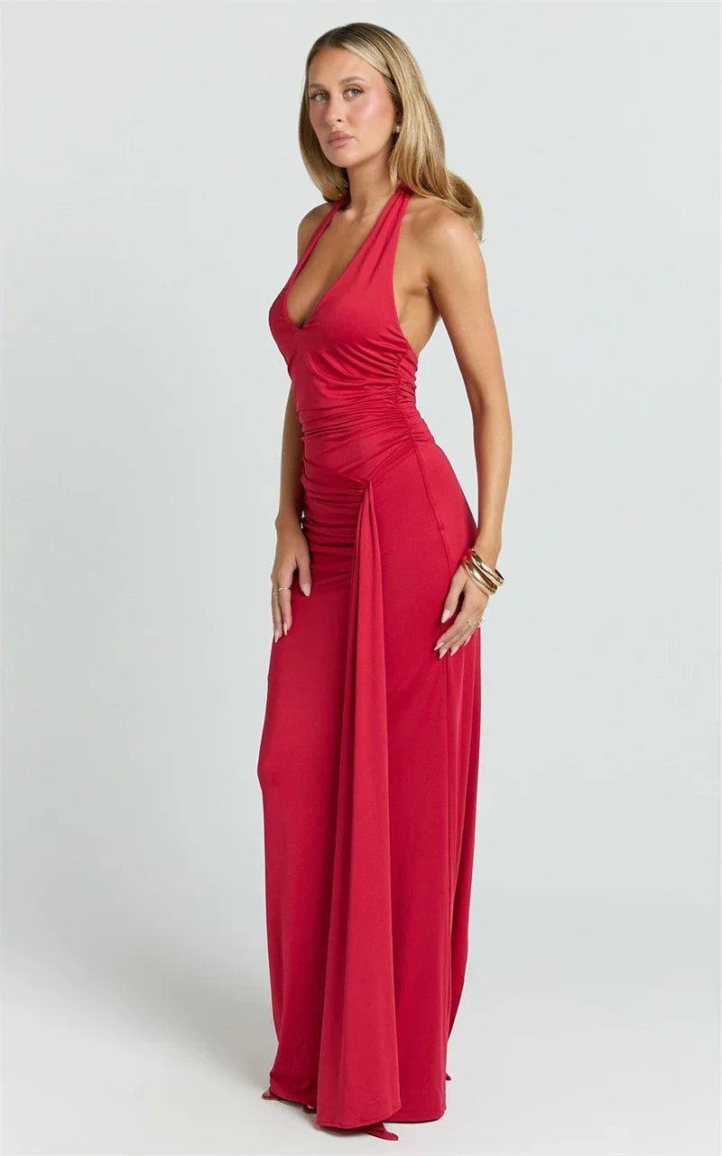Women’s Maxi Dress with Halter Neck and Ruched Side Detail