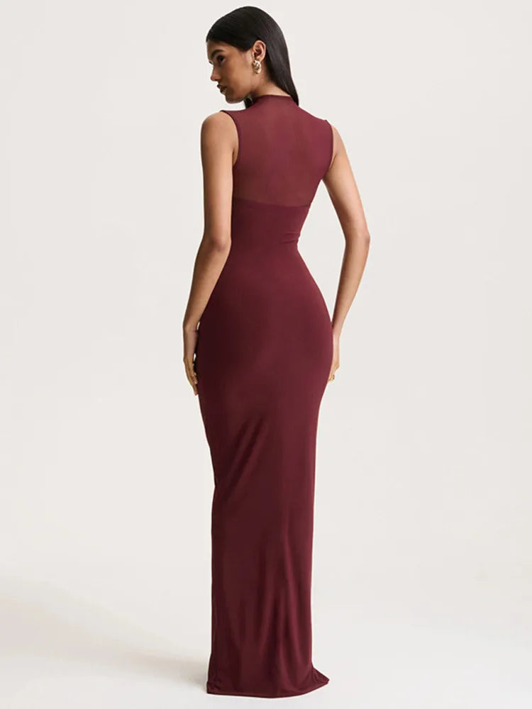 Women’s Maxi Dress with High Neck and Ruched Front Detail