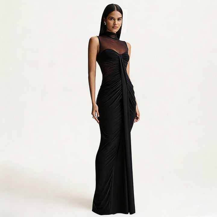 Women’s Maxi Dress with High Neck and Ruched Front Detail