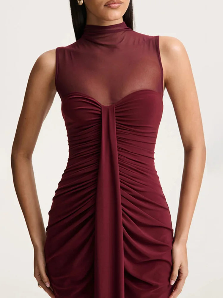 Women’s Maxi Dress with High Neck and Ruched Front Detail