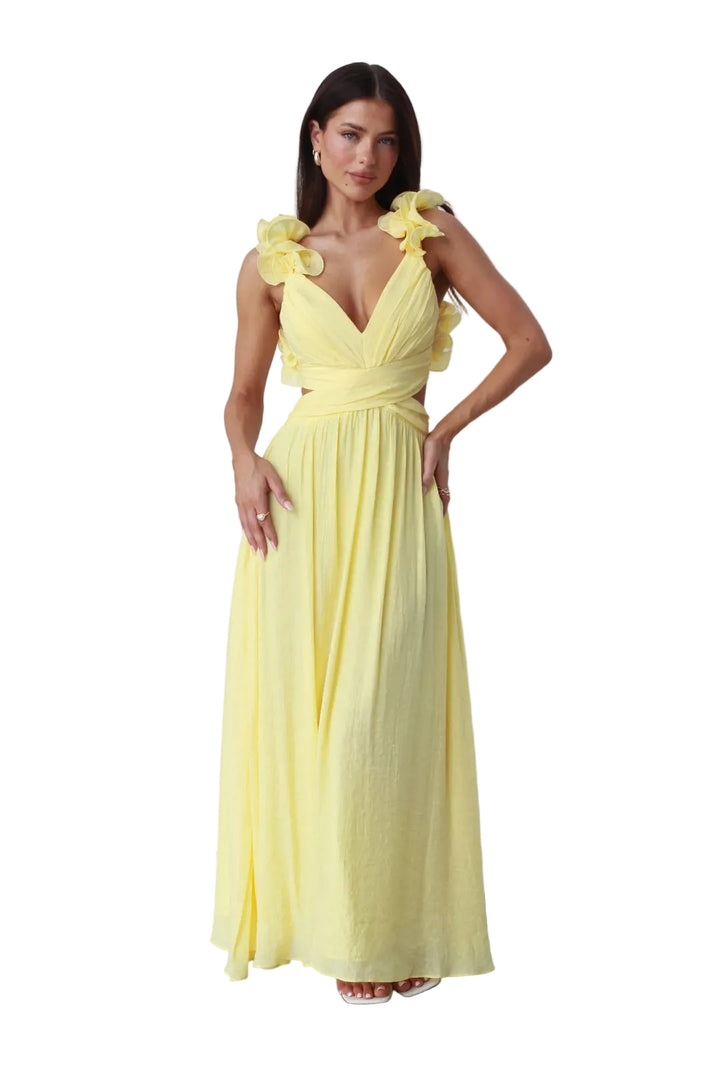 Women’s Maxi Dress with V-Neckline and Shoulder Ruffle Detail