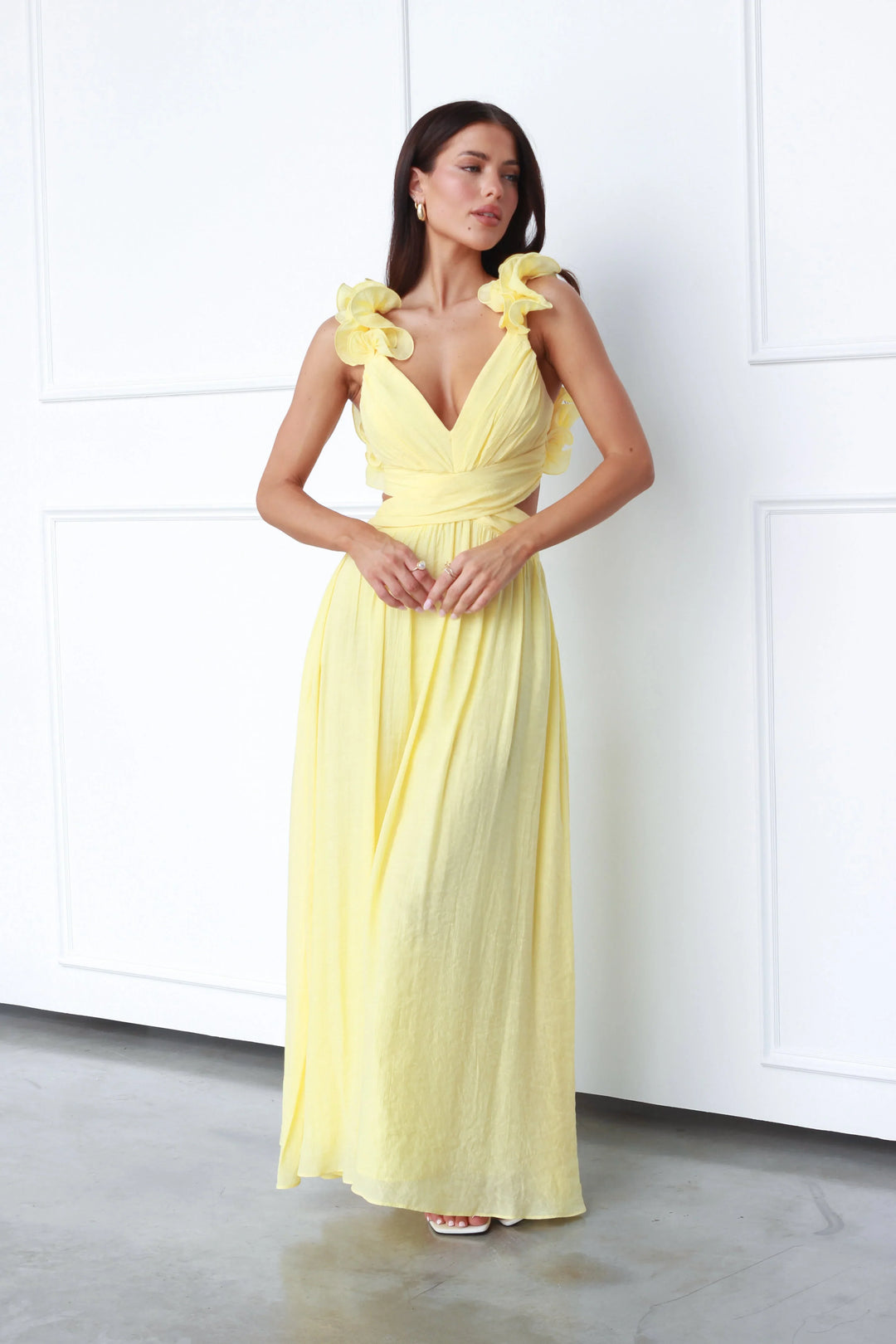 Women’s Maxi Dress with V-Neckline and Shoulder Ruffle Detail