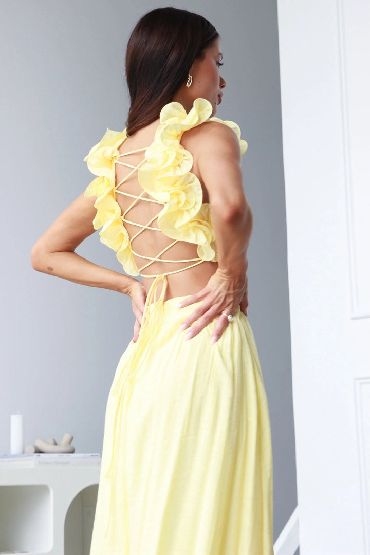 Women’s Maxi Dress with V-Neckline and Shoulder Ruffle Detail
