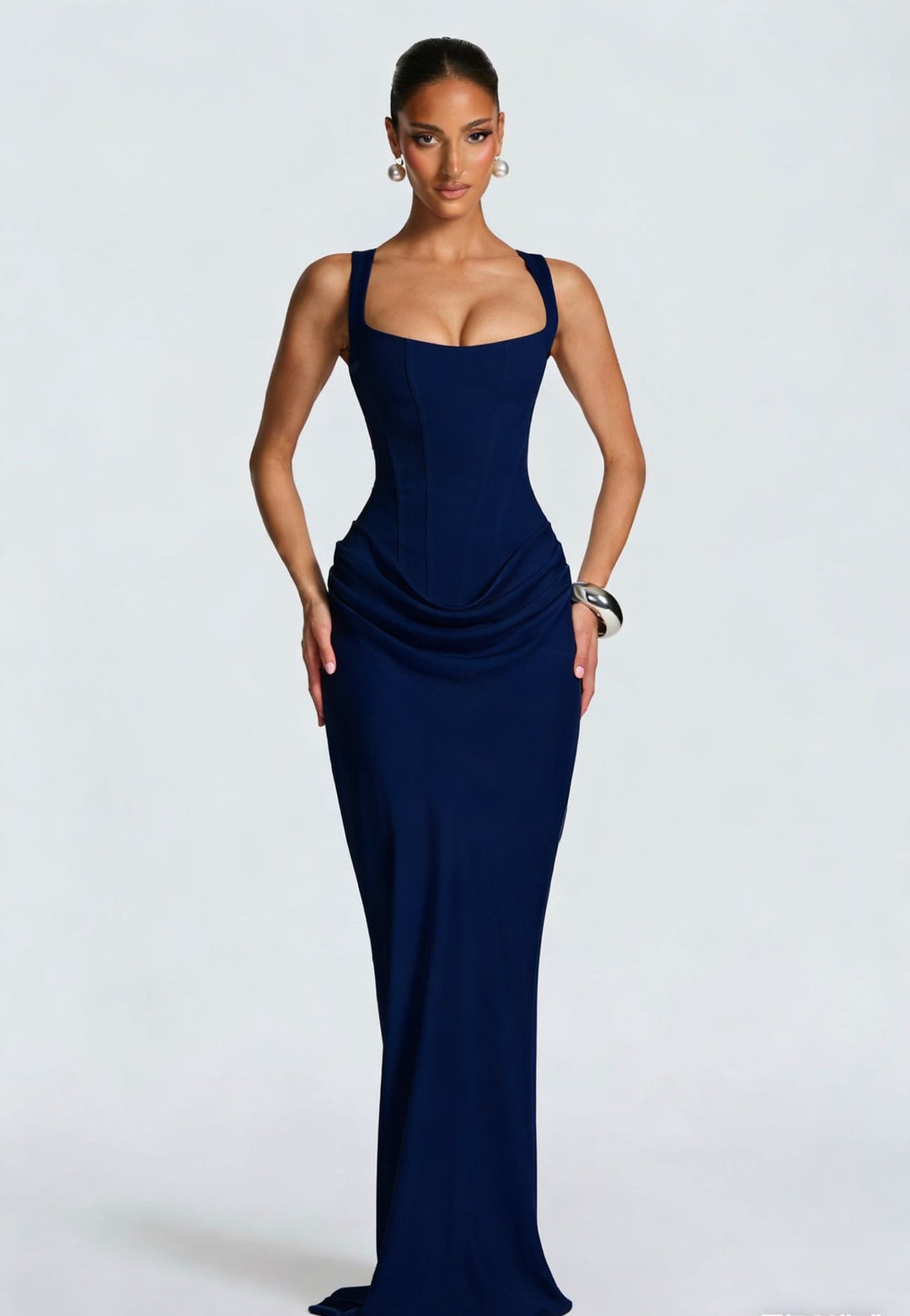 Women’s Maxi Dress with Wide Straps and Draped Waist Detail