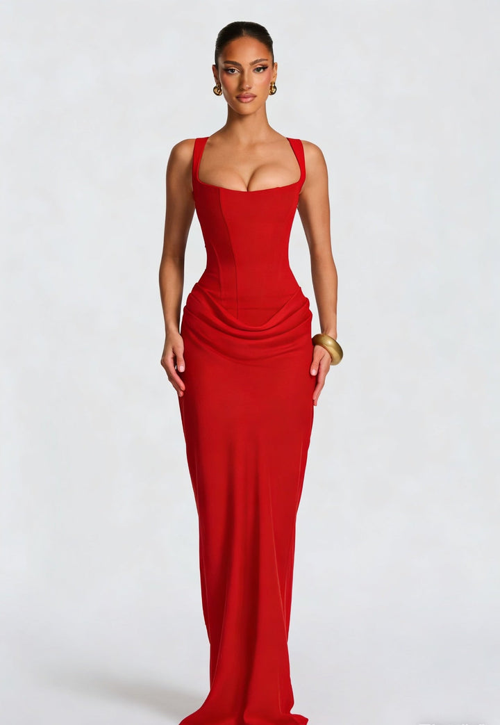 Women’s Maxi Dress with Wide Straps and Draped Waist Detail