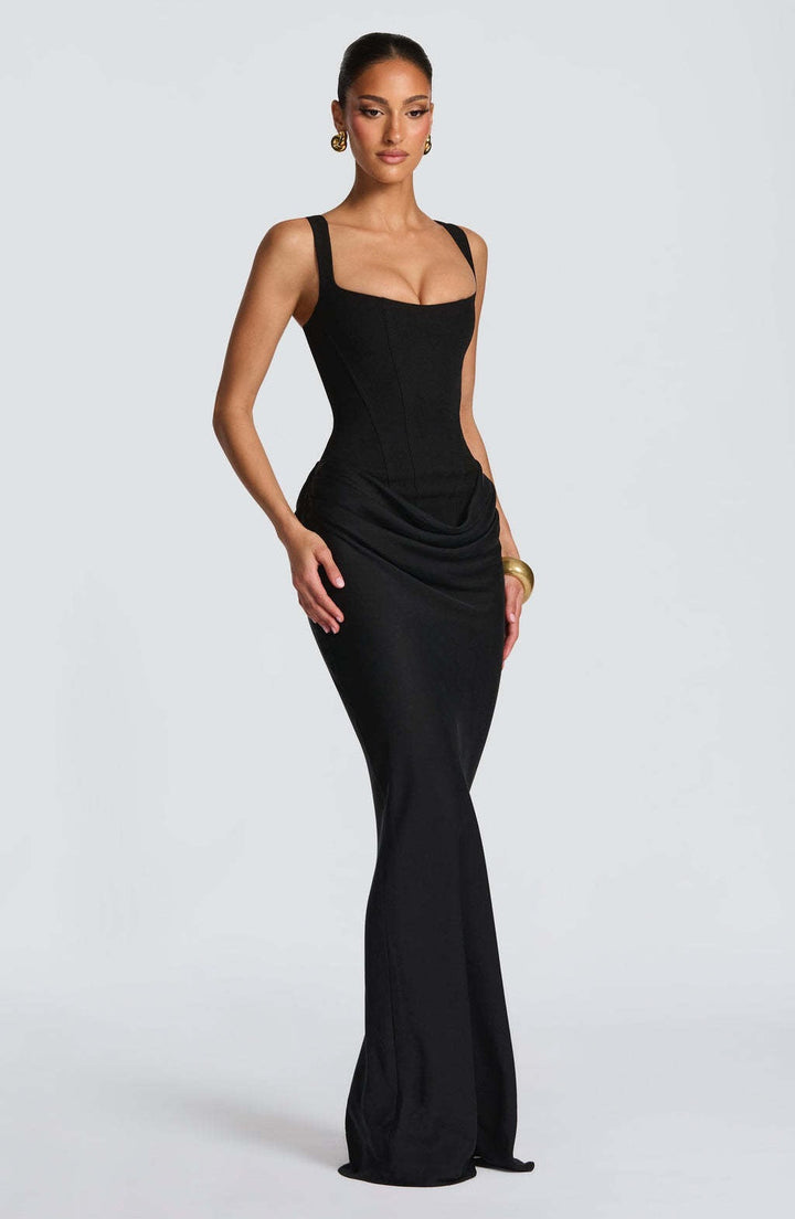Women’s Maxi Dress with Wide Straps and Draped Waist Detail