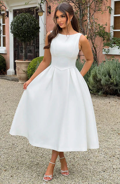 Women’s Midi Dress with Boat Neck and Pleated Skirt