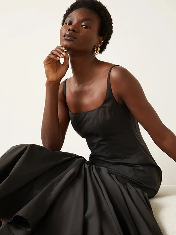 Women’s Midi Dress with Square Neck and Pleated Skirt Panel