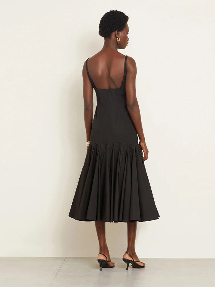 Women’s Midi Dress with Square Neck and Pleated Skirt Panel