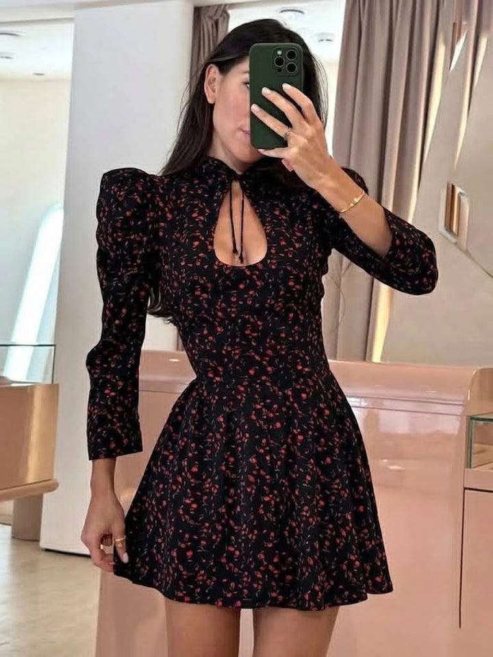 Women’s Mini Dress with High Neck and Puff Sleeves