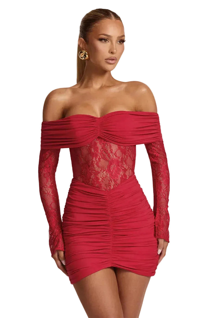 Women’s Off Shoulder Lace Panel Ruched Mini Dress
