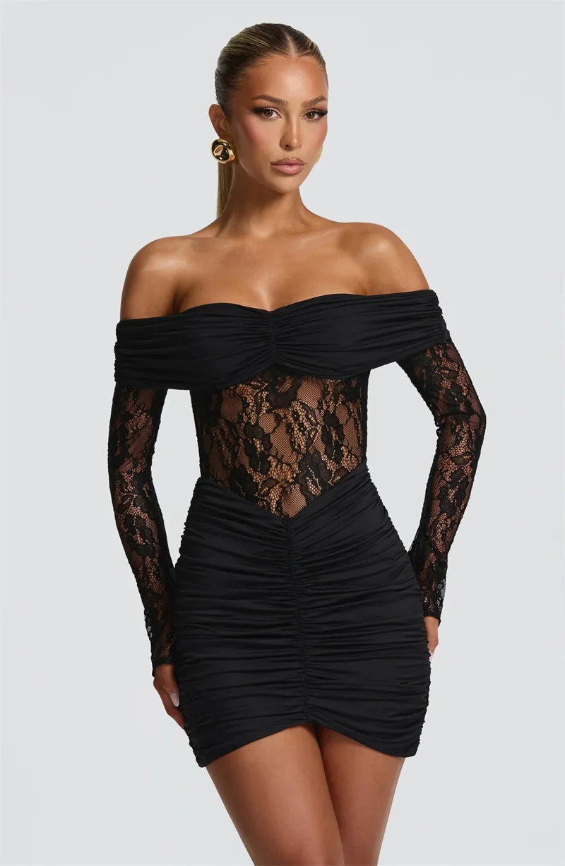 Women’s Off Shoulder Lace Panel Ruched Mini Dress