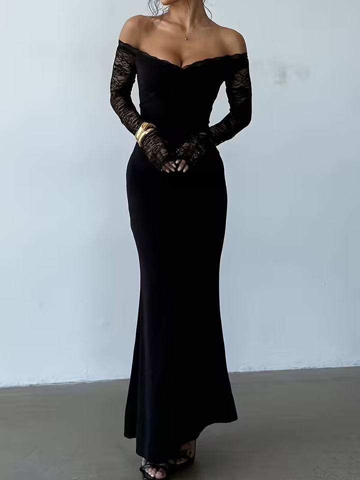 Women’s Off Shoulder Lace Sleeve Maxi Dress