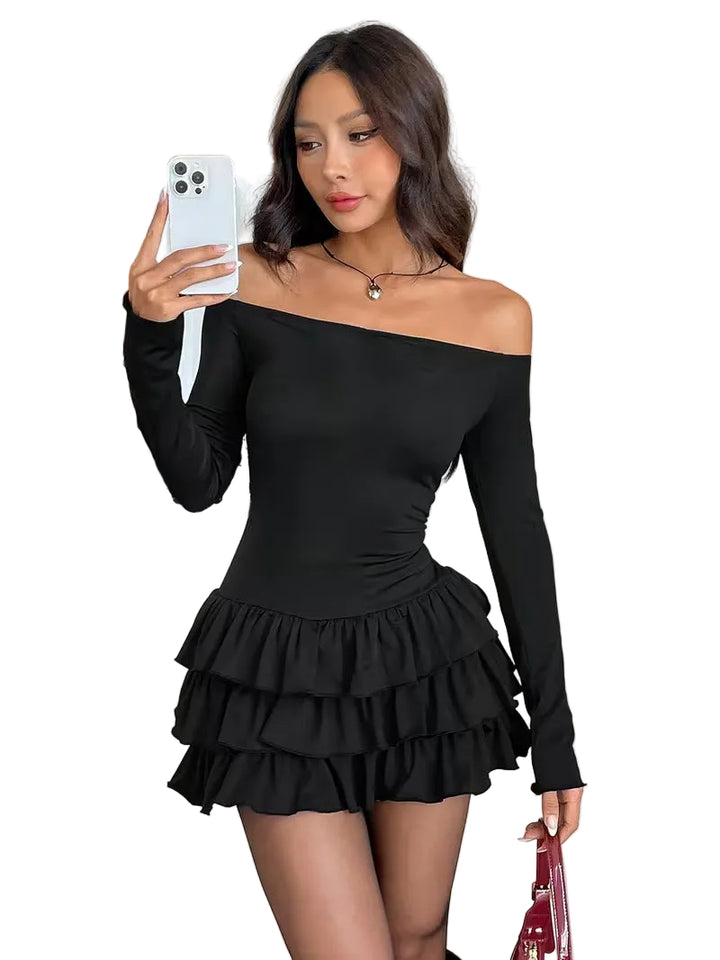 Women’s Off Shoulder Long Sleeve Ruffle Mini Dress