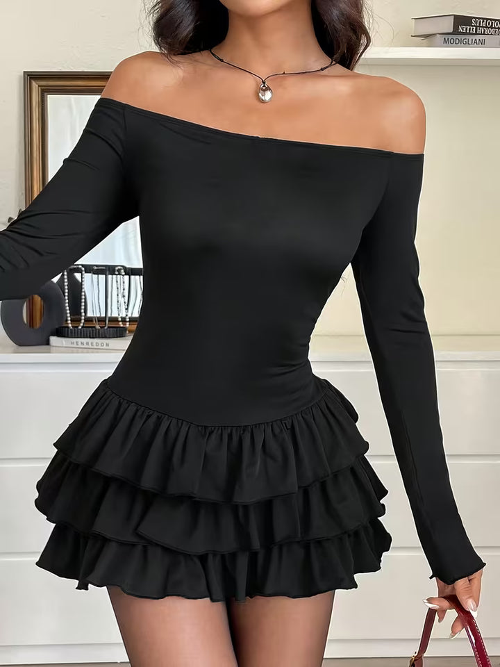 Women’s Off Shoulder Long Sleeve Ruffle Mini Dress