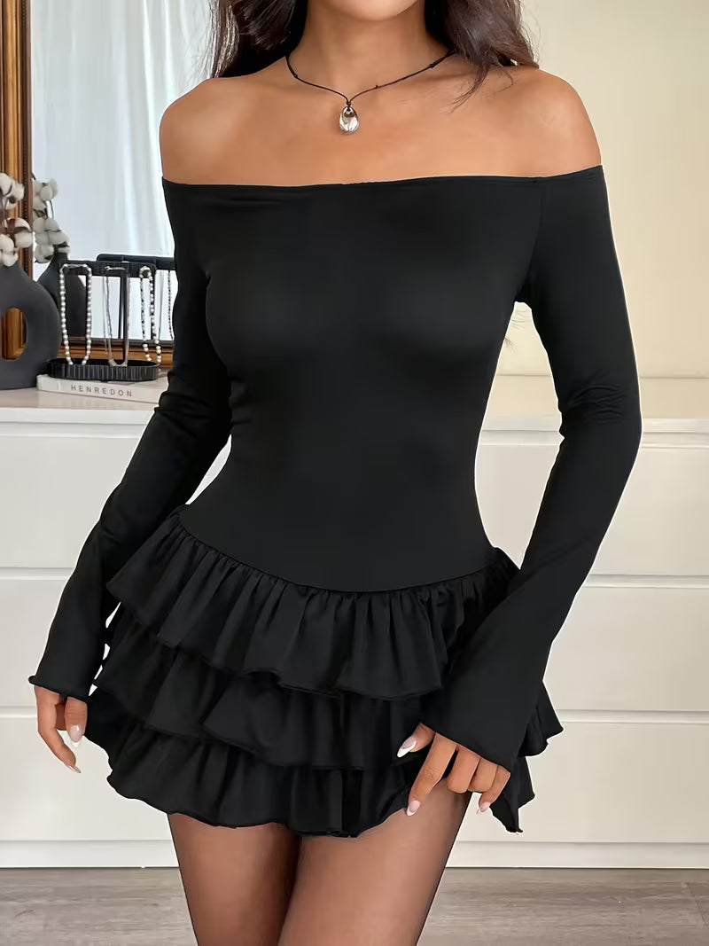 Women’s Off Shoulder Long Sleeve Ruffle Mini Dress