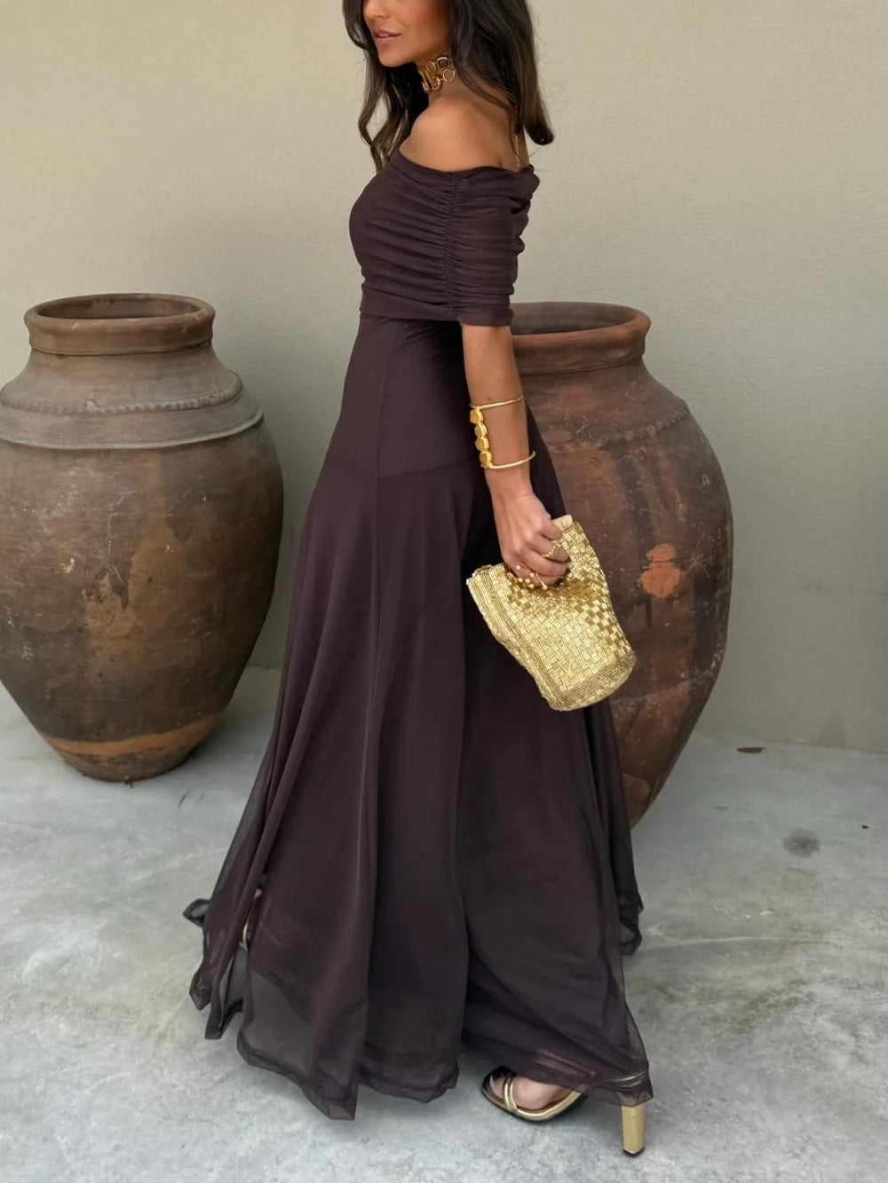 Women’s Off-Shoulder Maxi Dress with Sheer Overlay