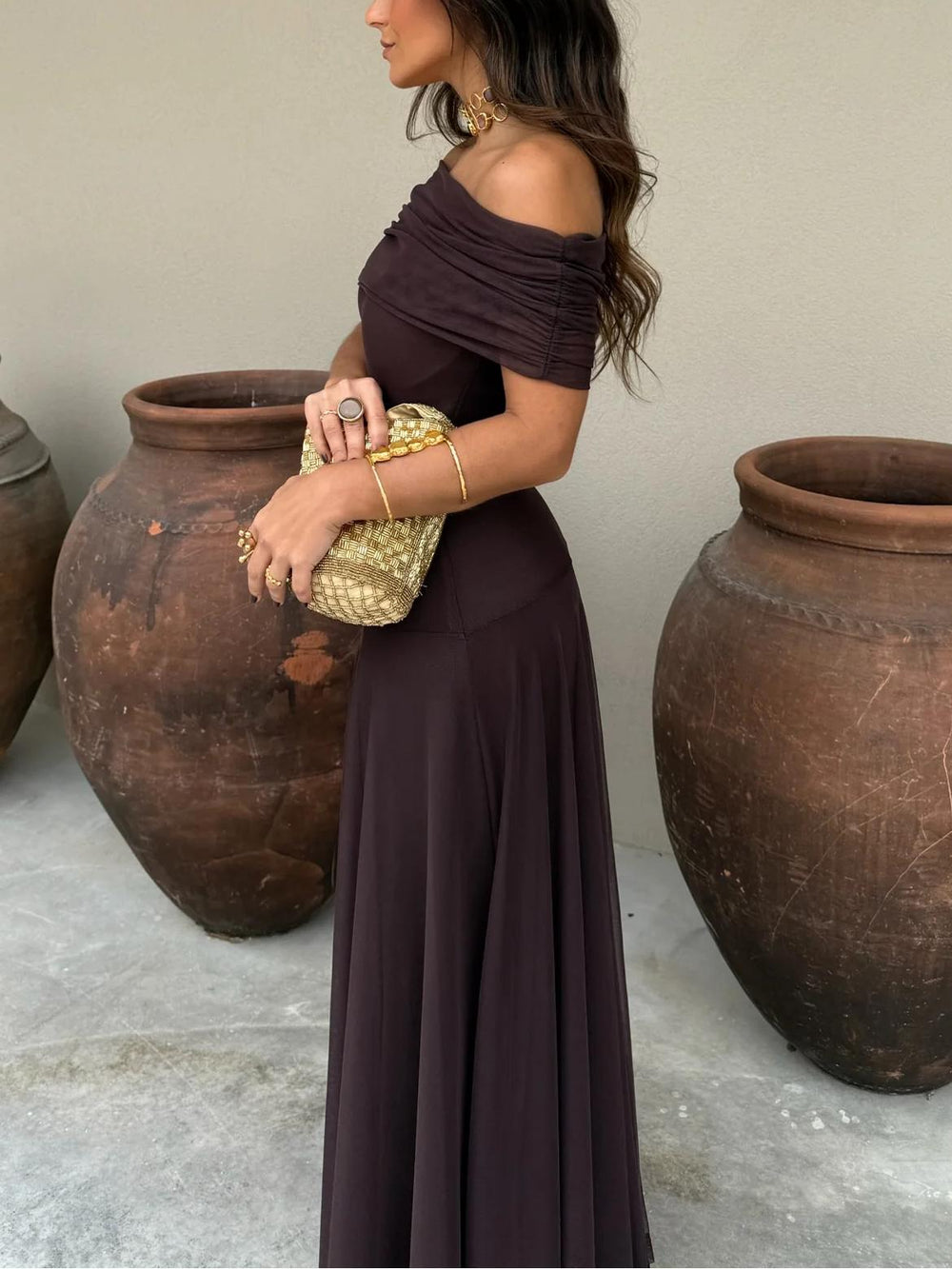 Women’s Off-Shoulder Maxi Dress with Sheer Overlay