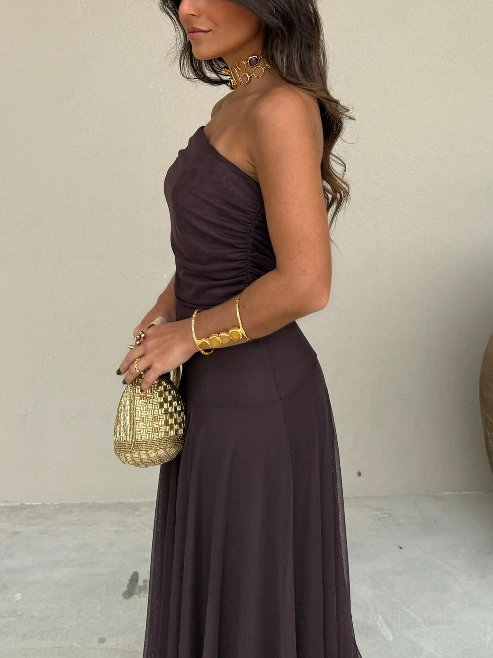 Women’s Off-Shoulder Maxi Dress with Sheer Overlay