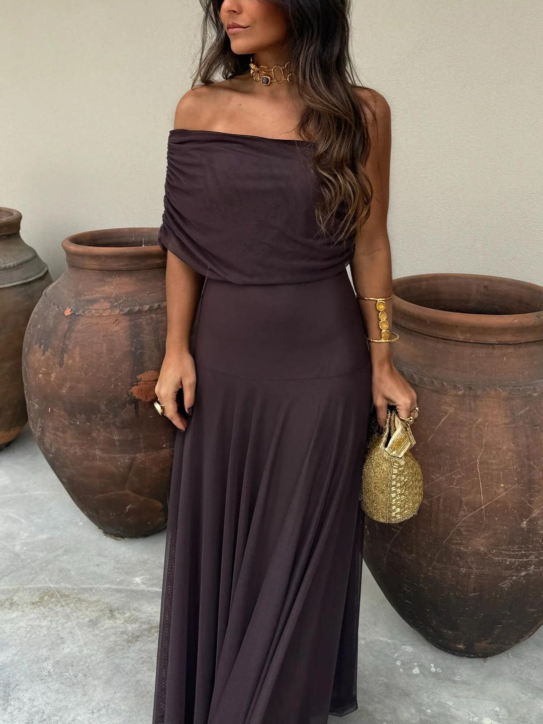 Women’s Off-Shoulder Maxi Dress with Sheer Overlay