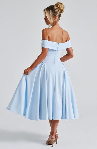 Women’s Off-Shoulder Midi Dress with Folded Neckline and Flared Skirt