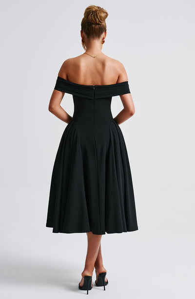 Women’s Off-Shoulder Midi Dress with Folded Neckline and Flared Skirt