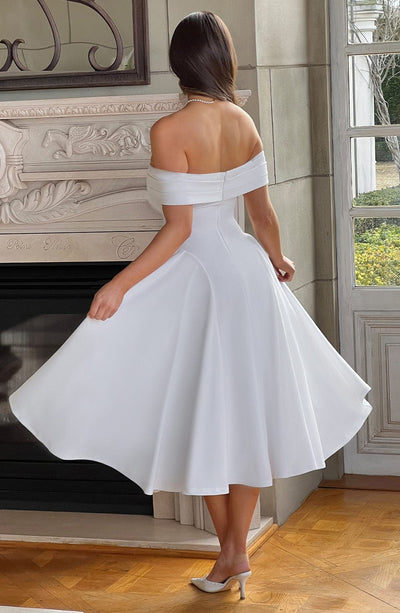 Women’s Off-Shoulder Midi Dress with Folded Neckline and Flared Skirt