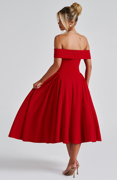 Women’s Off-Shoulder Midi Dress with Folded Neckline and Flared Skirt